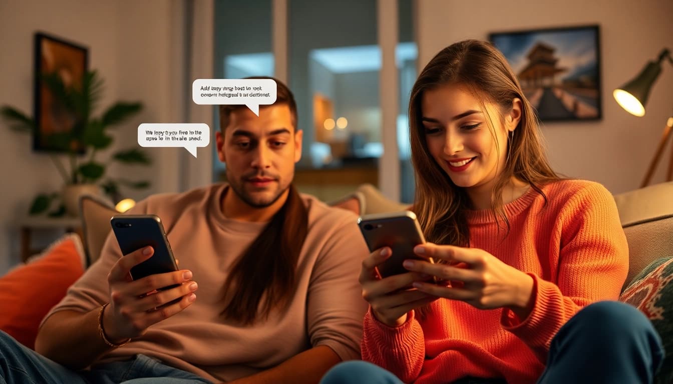 Engaging in ai sexting in a cozy living room with smartphones.