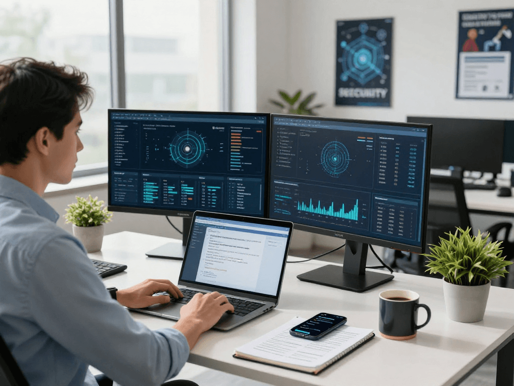 Daten- und IT-Sicherheitsdienstleistung in einem modernen Büro mit Berater, der Sicherheitsanalysen anzeigt.