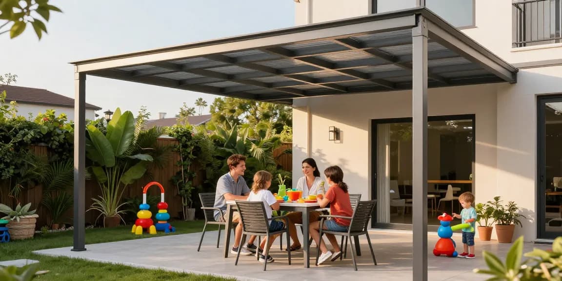 Familie genießt einen sonnigen Tag unter einer eleganten Terrassenüberdachung.