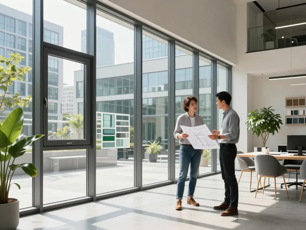 Architekt überprüft Fenster Schüco Fensterdesigns in einem modernen Büro mit natürlichem Licht.