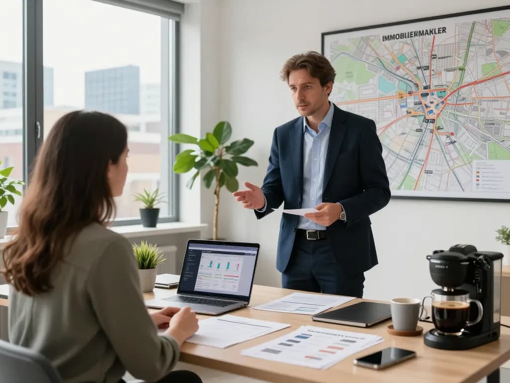 Immobilienmakler Frankfurt Dornbusch, der Kunden durch Immobilienangebote in einem hellen, modernen Büro führt.