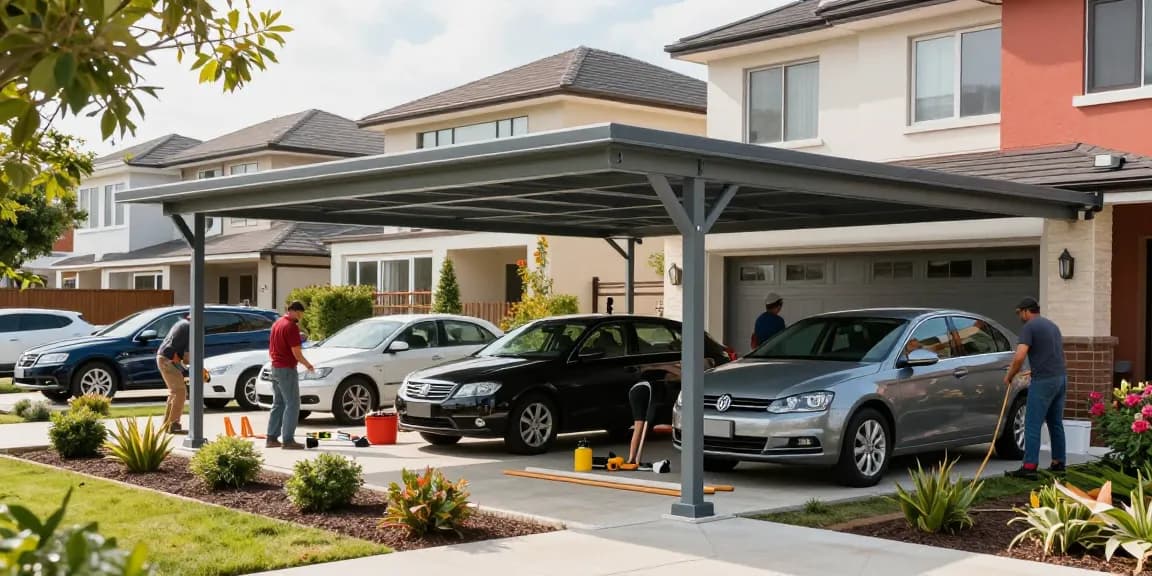 Moderne Carport-Installation mit Handwerkern und gepflegtem Garten.