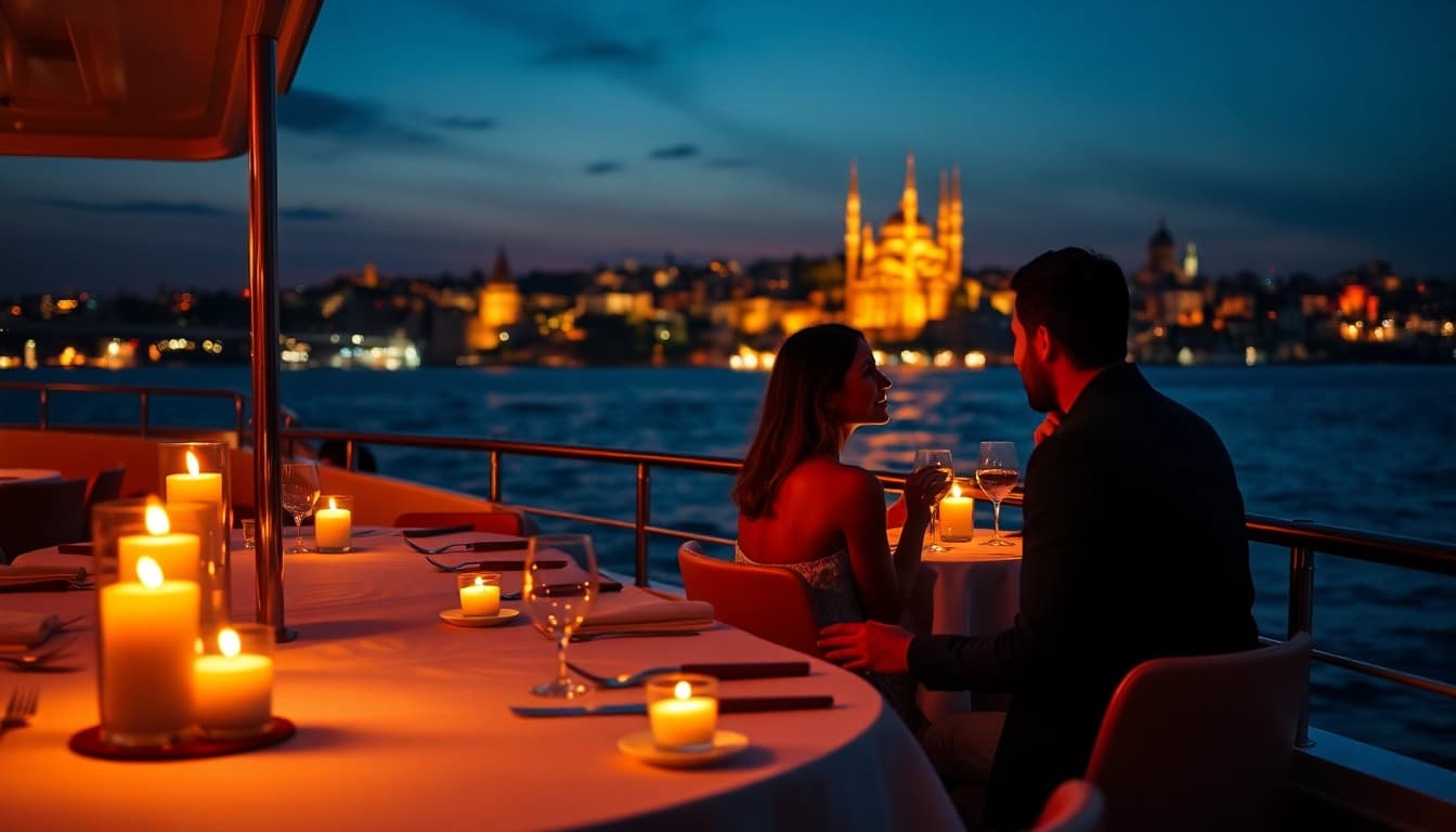 Bosphorus dinner cruise: A couple enjoying a romantic meal on a beautifully lit boat against the Istanbul skyline.