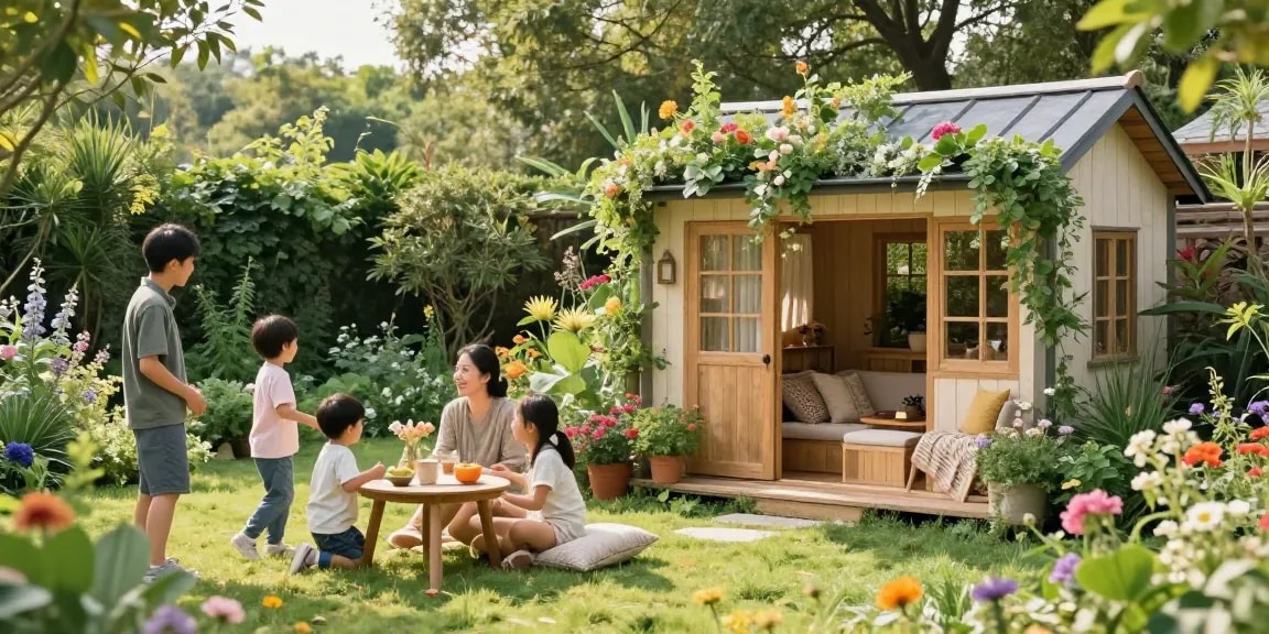 Ein Garten Haus umgeben von bunten Blumen und spielenden Kindern im Freien.