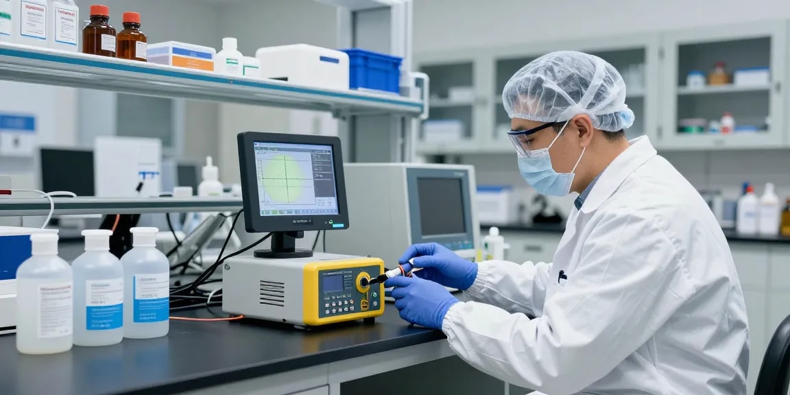 Blausäure Detektor Kalibrierung in modernem Laborumfeld mit Präzisionsinstrumenten und Echtzeitmessungen.