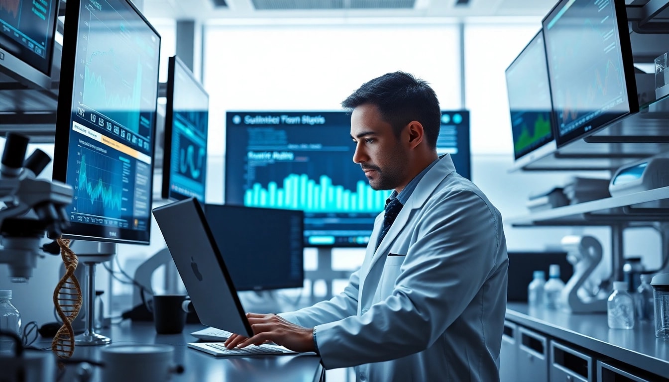 Digitale Loesungen im Labor mit Wissenschaftler, hochmoderne digitale Bildschirme und Ausruestung.