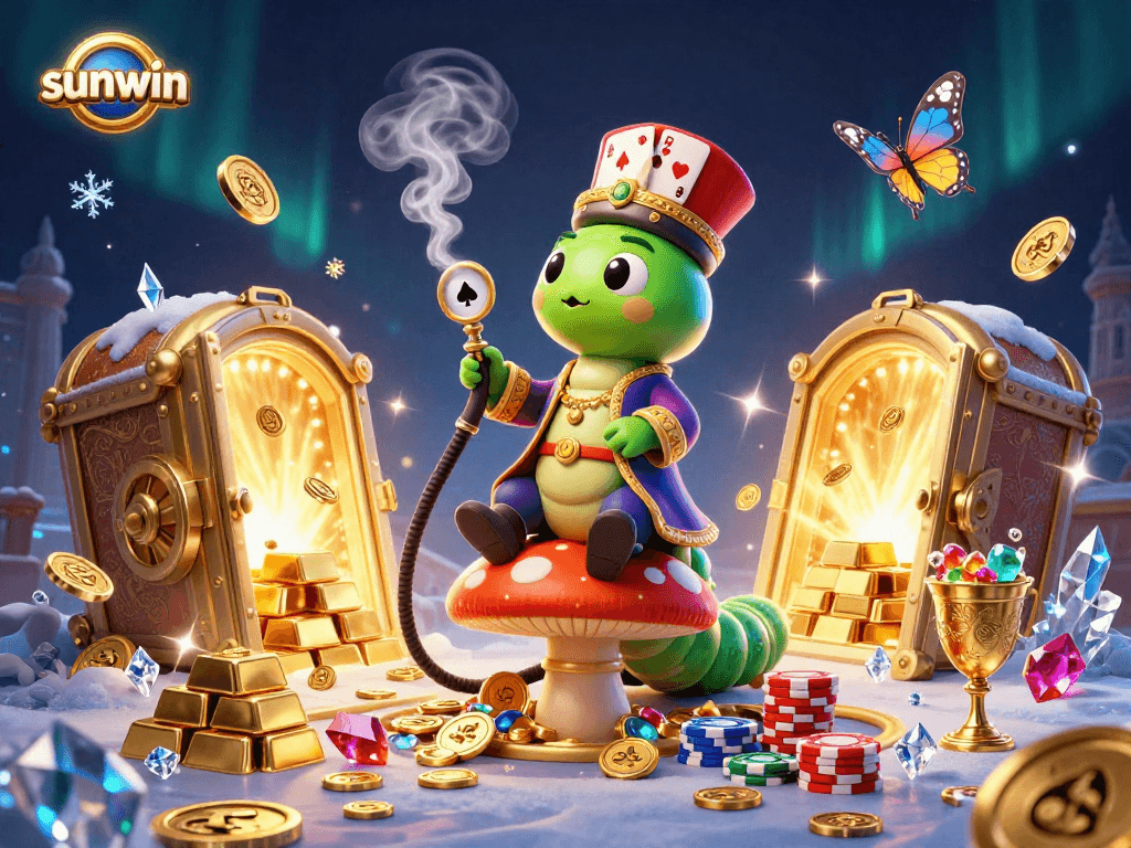 Win big with sunwin in this vibrant 3D casino scene featuring poker symbols and treasure.