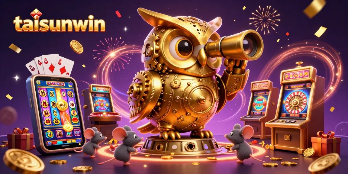 Experience the thrill of taisunwin with a magical casino scene featuring slot machines and golden owls.