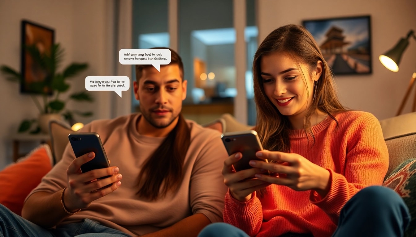 Engaging in ai sexting in a cozy living room with smartphones.