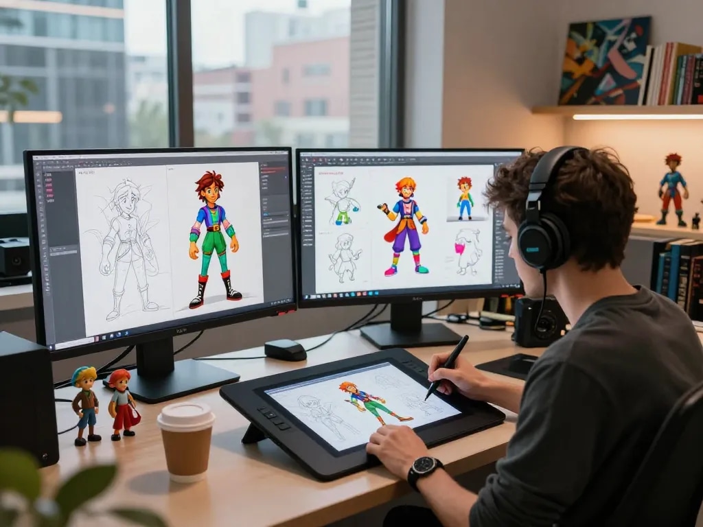 Creating unique character designs for character ai nsfw chats in a modern digital studio.