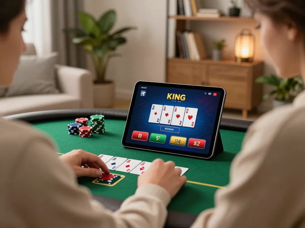 Player analyzing strategy with KI Detektor Uni at home gaming session on tablet screen.