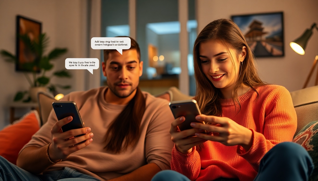 Engaging in ai sexting in a cozy living room with smartphones.
