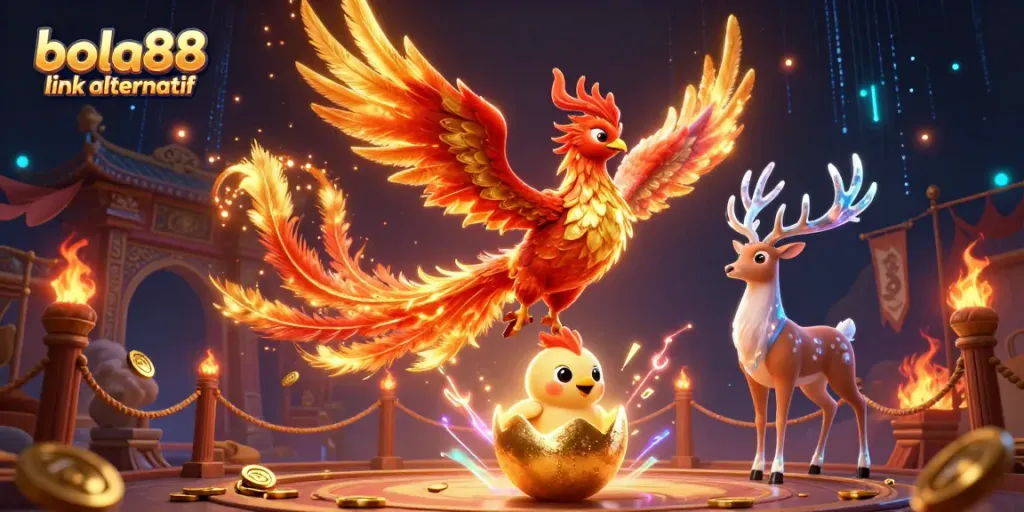 Bet on the exclusive bola88 link alternatif with stunning visuals of a phoenix and stag in a vibrant betting scene.
