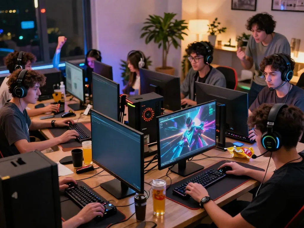 Engaged players at TA88 online gaming tournament, showcasing vibrant gaming setups and team dynamics.