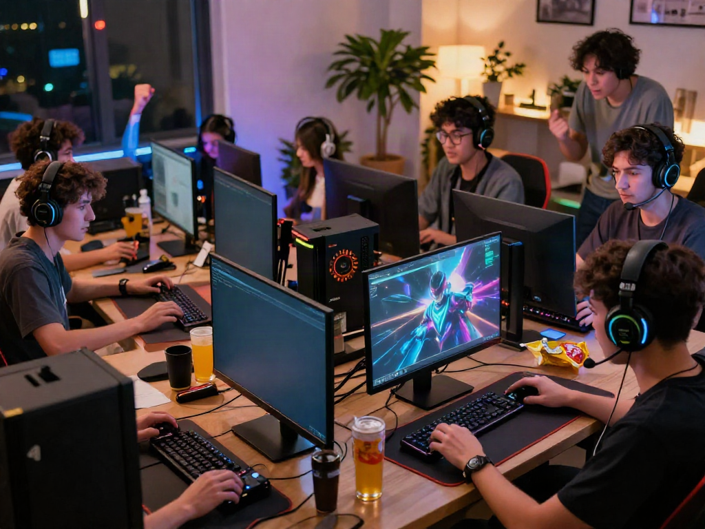 Engaged players at TA88 online gaming tournament, showcasing vibrant gaming setups and team dynamics.