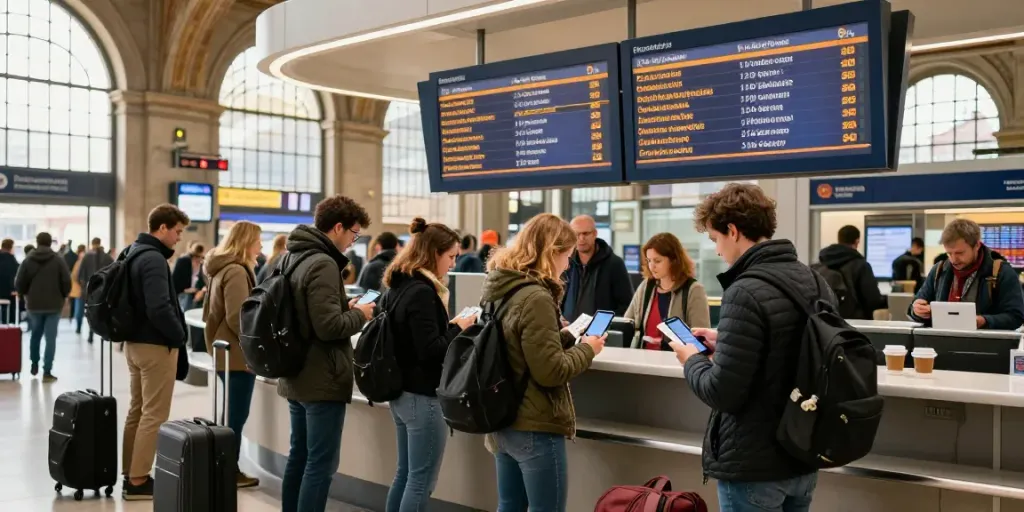 Zugticketpreise vergleichen am belebten Bahnhof mit Reisenden, die digitale Preise prüfen.