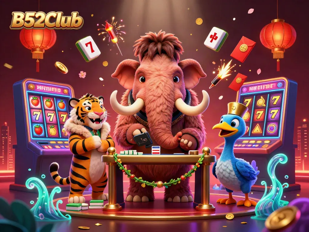 Experience the vibrant atmosphere of B52Club with a whimsical scene of animal characters and casino elements