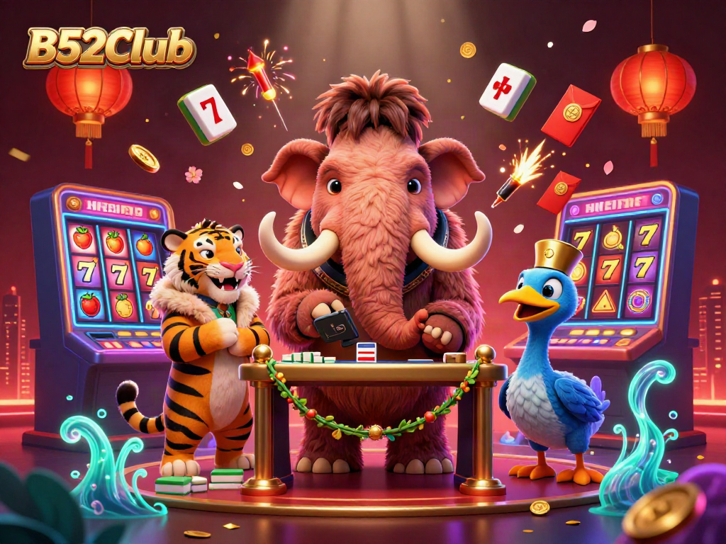 Experience the vibrant atmosphere of B52Club with a whimsical scene of animal characters and casino elements
