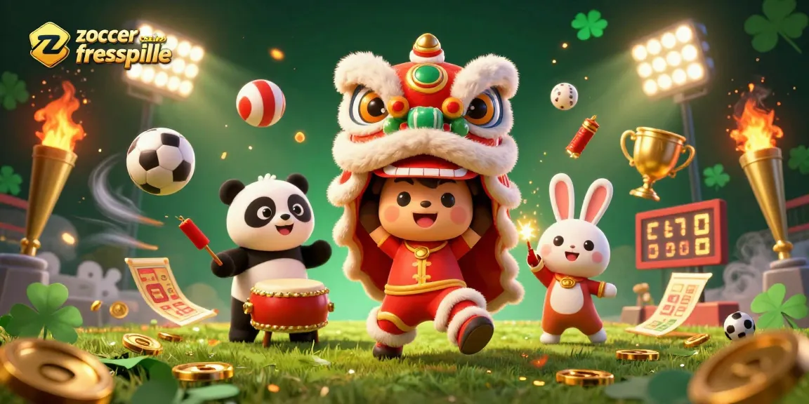 Zoccer Casino Freispiele genießen: 3D Illustration mit einem Löwentanz, einem trommelnden Panda und einem Feuerwerkskaninchen in einem dynamischen Casino-Szenario