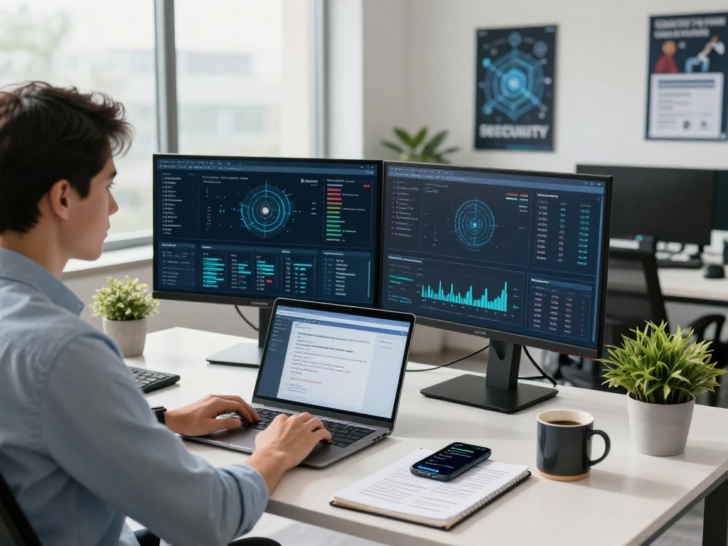 Daten- und IT-Sicherheitsdienstleistung in einem modernen Büro mit Berater, der Sicherheitsanalysen anzeigt.