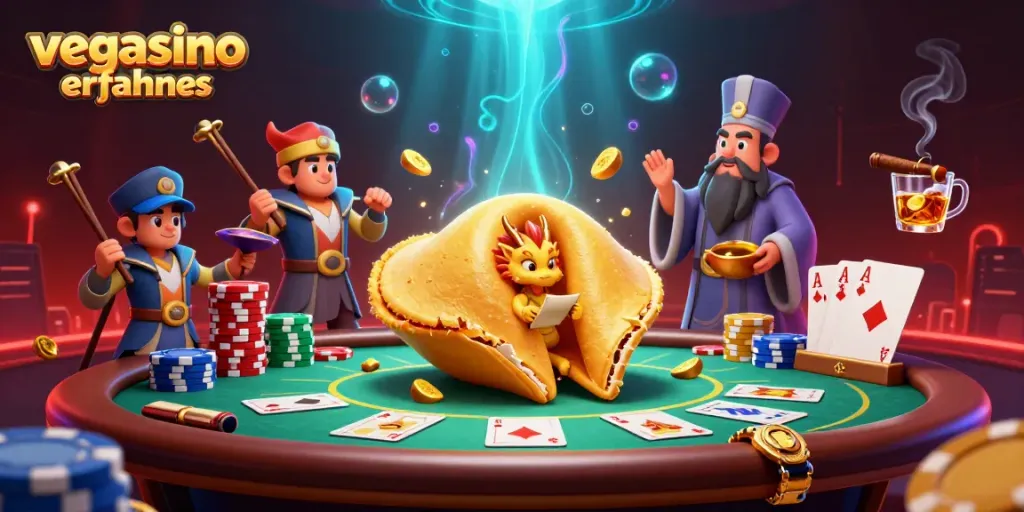 Experience vegasino erfahrungen in this vibrant casino scene with golden cookie, dragon, and poker elements.