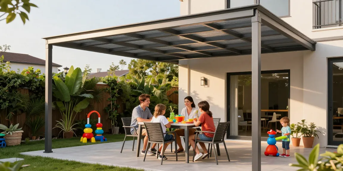 Familie genießt einen sonnigen Tag unter einer eleganten Terrassenüberdachung.