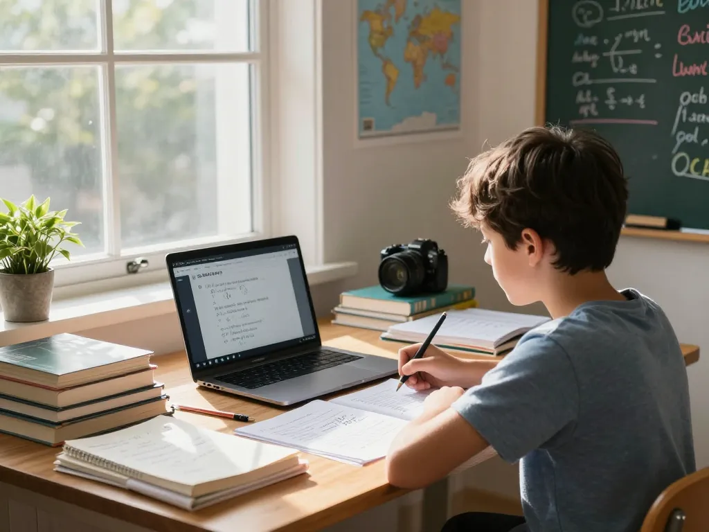 Student, der Technologie nutzt, um Hausaufgaben in einem hellen Arbeitszimmer mit Lehrbüchern und einem Laptop zu lösen.