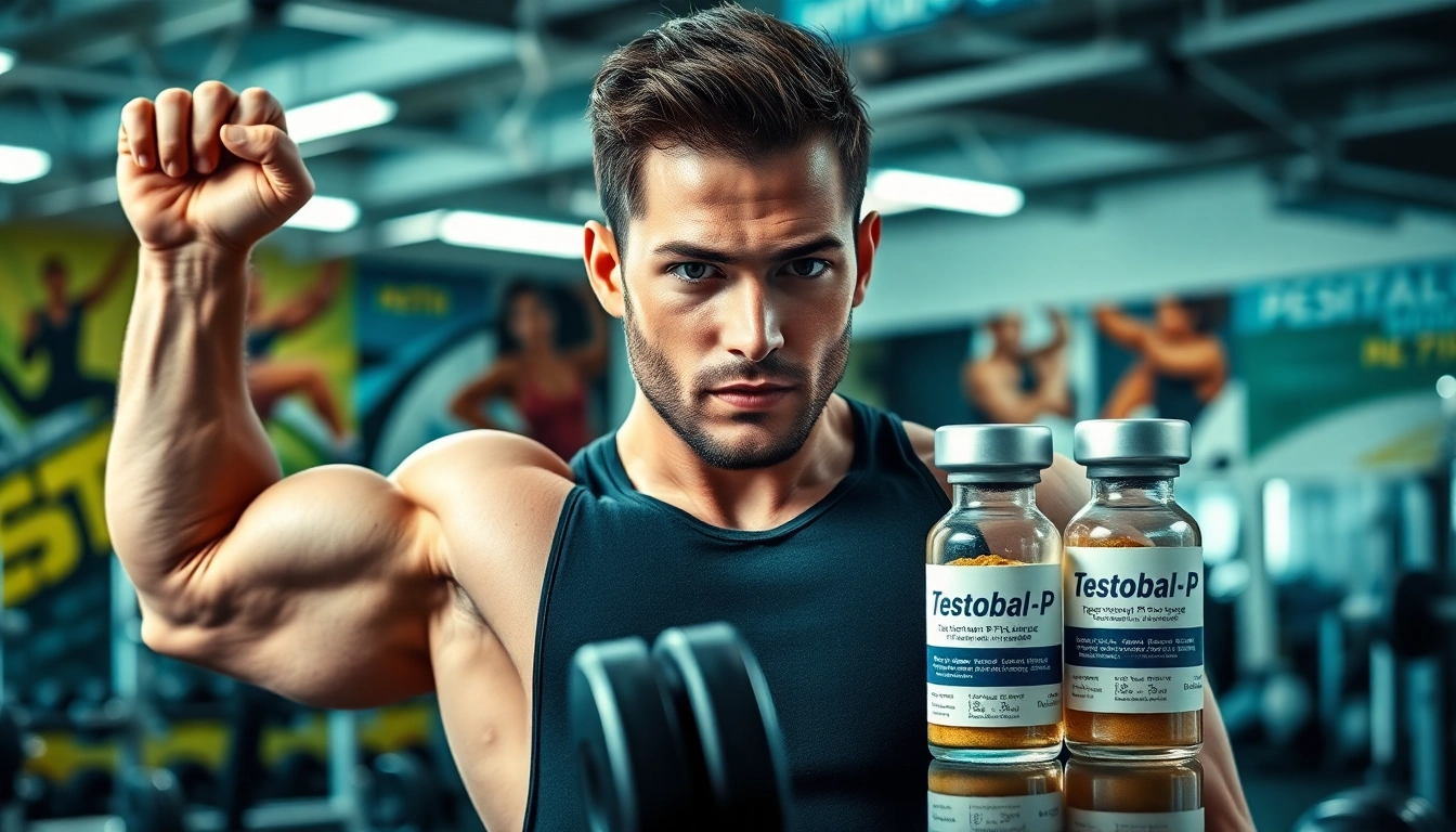Starker Sportler hebt Gewichte mit Testobal-P Testosteron Propionate Fläschchen im Hintergrund.