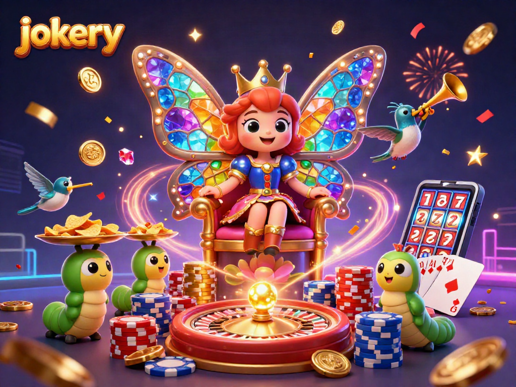 Experience jokery thrills with a vibrant 3D butterfly queen and dazzling casino elements!