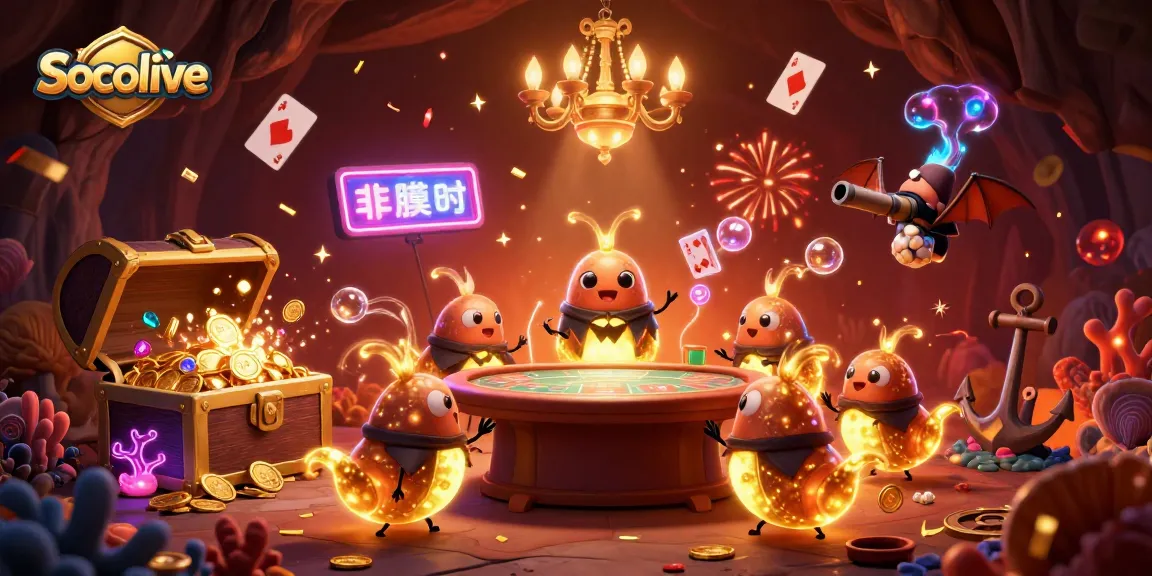 Socolive illuminates a vibrant cave casino environment, showcasing bioluminescent glowworms amidst gold coins and gaming elements.