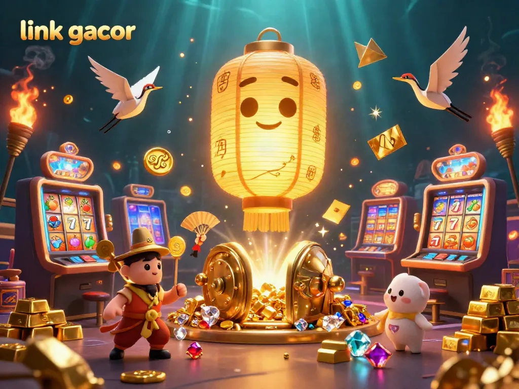 Experience a winning atmosphere with link gacor in this vibrant casino scene featuring golden lanterns and slot elements.