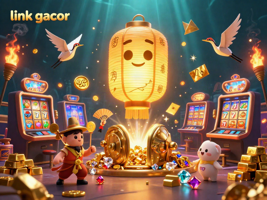 Experience a winning atmosphere with link gacor in this vibrant casino scene featuring golden lanterns and slot elements.
