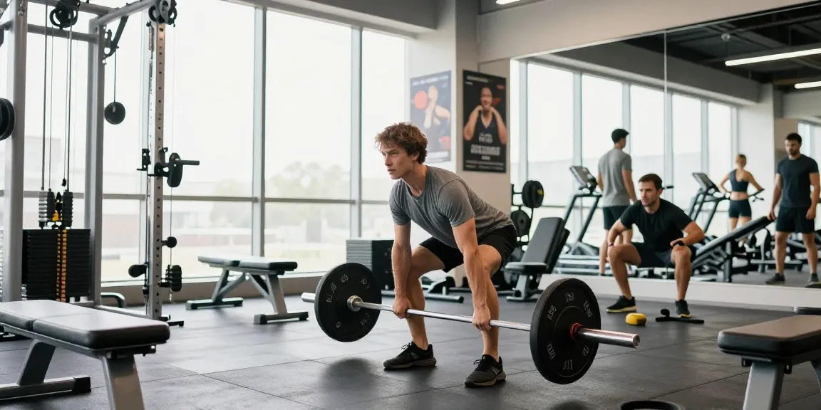 Anabolika Shop: Athlet hebt Gewichte in modernem Fitnessstudio mit natürlichem Licht.