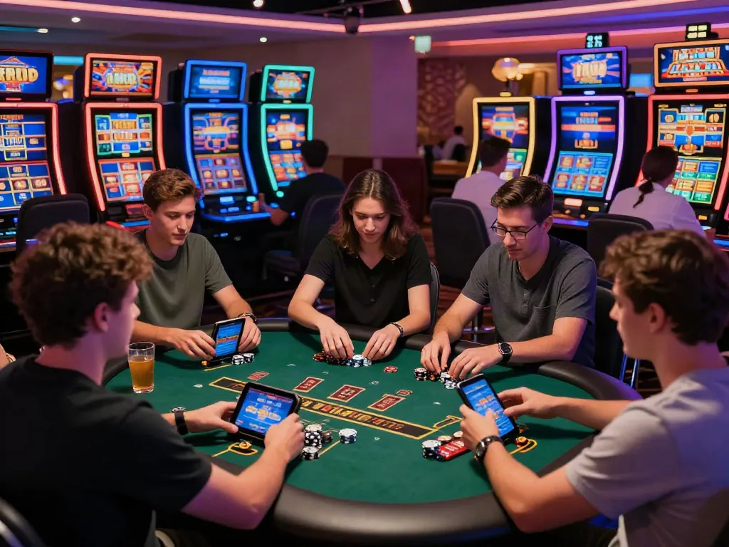 Online gaming experience at https://rikvipt1.co/ featuring friends playing casino games in a modern casino environment.