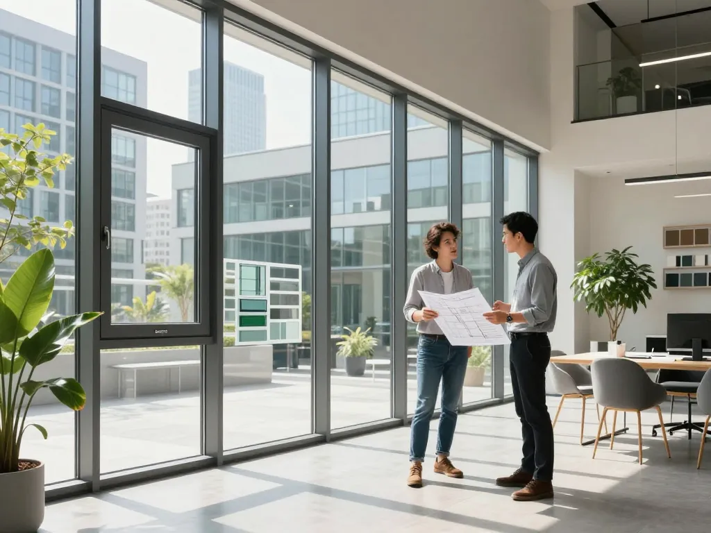 Architekt überprüft Fenster Schüco Fensterdesigns in einem modernen Büro mit natürlichem Licht.