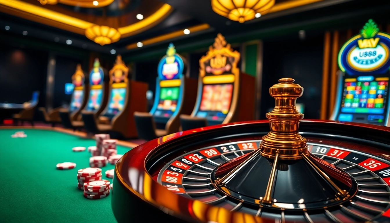 Engaging U888 trang chủ online casino scene with roulette wheel and poker chips.