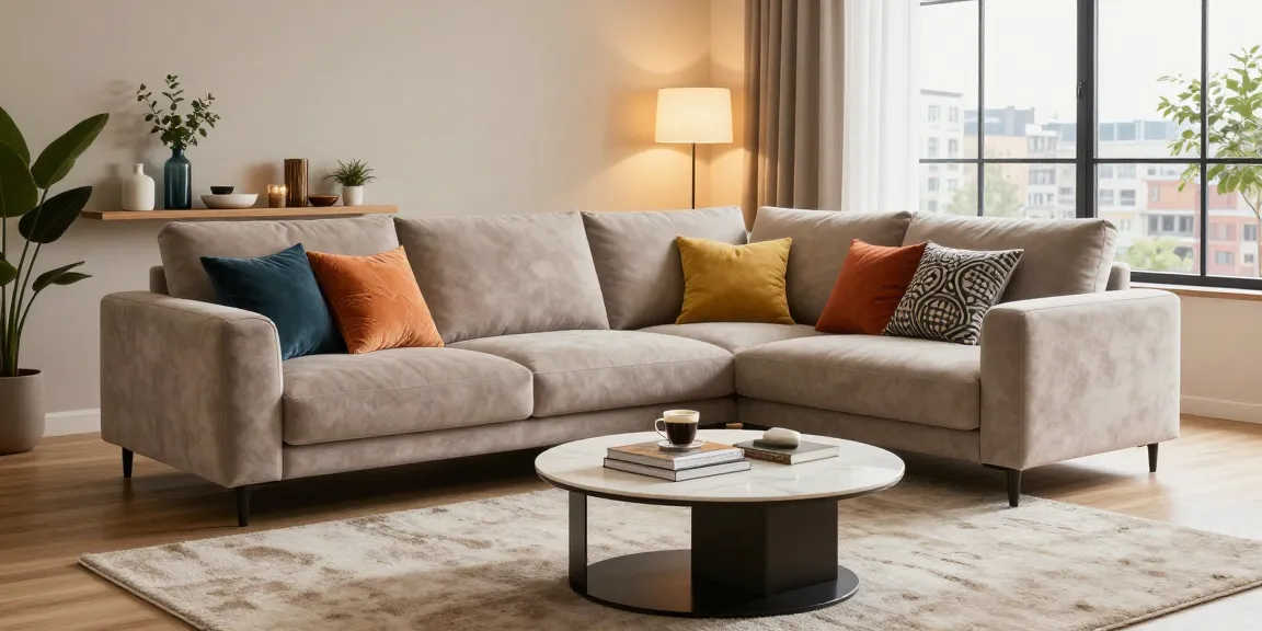 Gemütliches modernes Wohnzimmer mit stilvollem Sofa und Couchtisch, das zeigt, wie man Möbel online kauft.