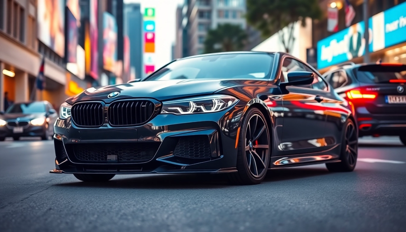 BMW Nachrüstung mit modernen Zubehörteilen in einer dynamischen Stadtumgebung.