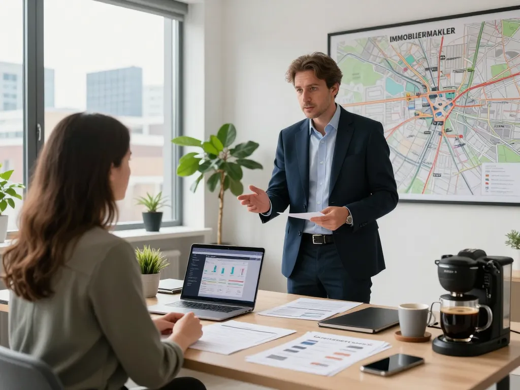 Immobilienmakler Frankfurt Dornbusch, der Kunden durch Immobilienangebote in einem hellen, modernen Büro führt.