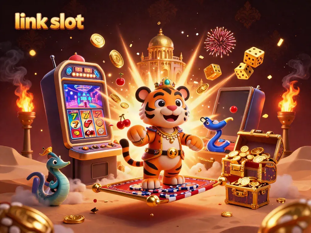 Experience the excitement of link slot games with cartoon characters amidst a jackpot explosion.