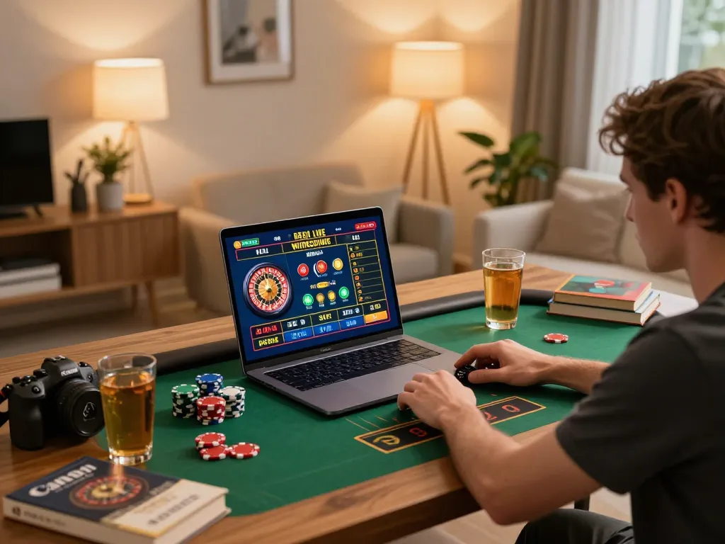 Player enjoying a live dealer game at f168 online casino, showcasing vibrant interface and personalized gaming space.