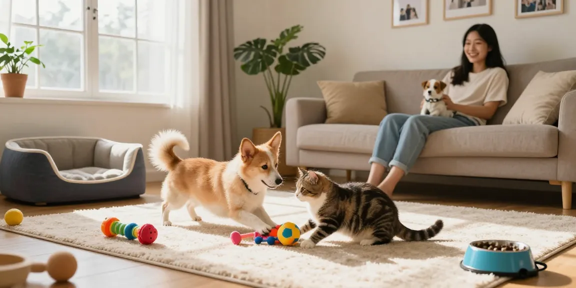 Zubehör für Haustiere: Hund und Katze spielen auf dem Teppich, umgeben von Spielzeug und Futternäpfen.