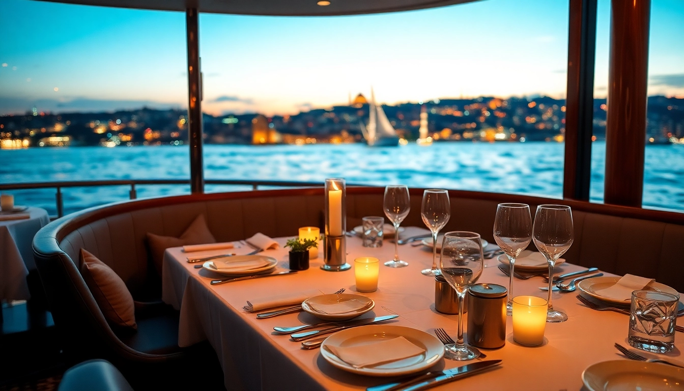 Bosphorus dinner cruise mit elegantem Tischarrangement und fantastischem Blick auf Istanbul