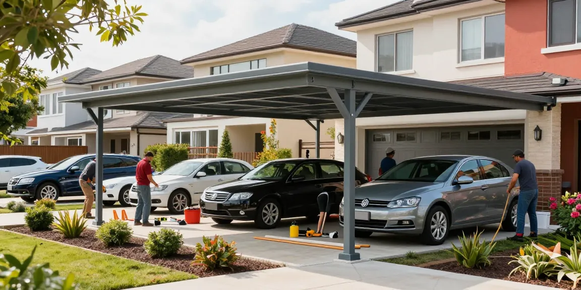 Moderne Carport-Installation mit Handwerkern und gepflegtem Garten.