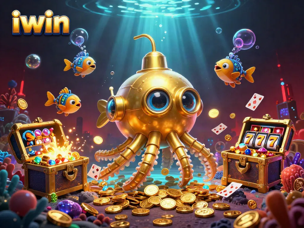 iwin casino-themed illustration featuring a golden kraken and mechanical fish amidst vibrant game symbols