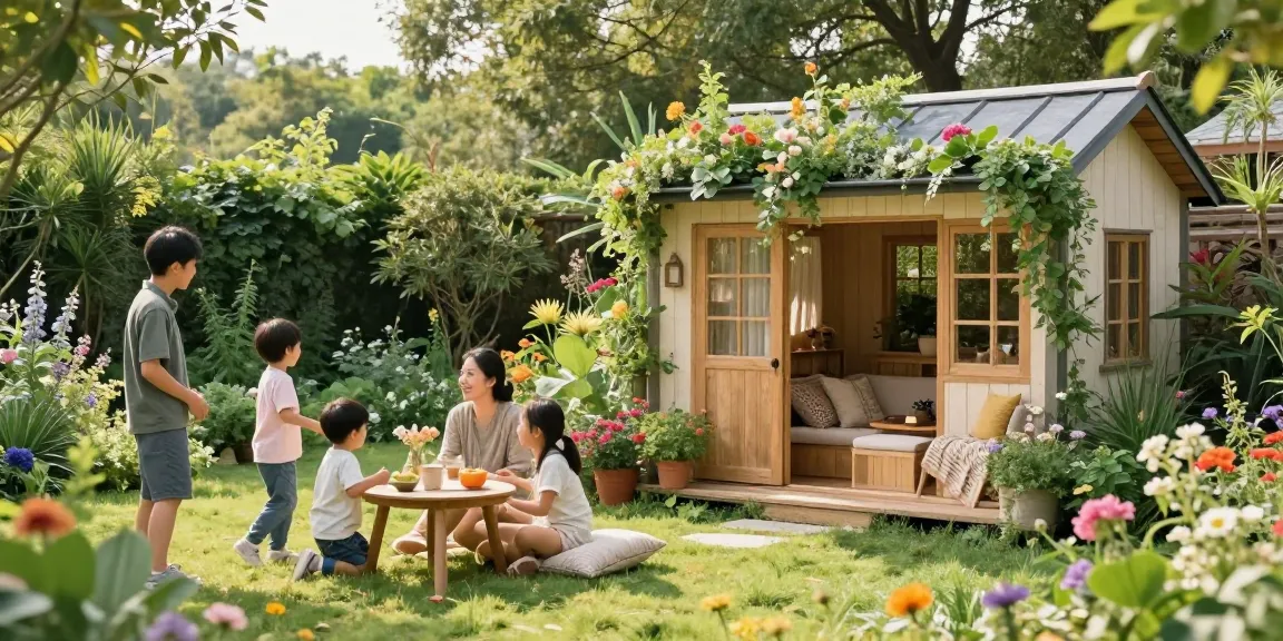 Ein Garten Haus umgeben von bunten Blumen und spielenden Kindern im Freien.
