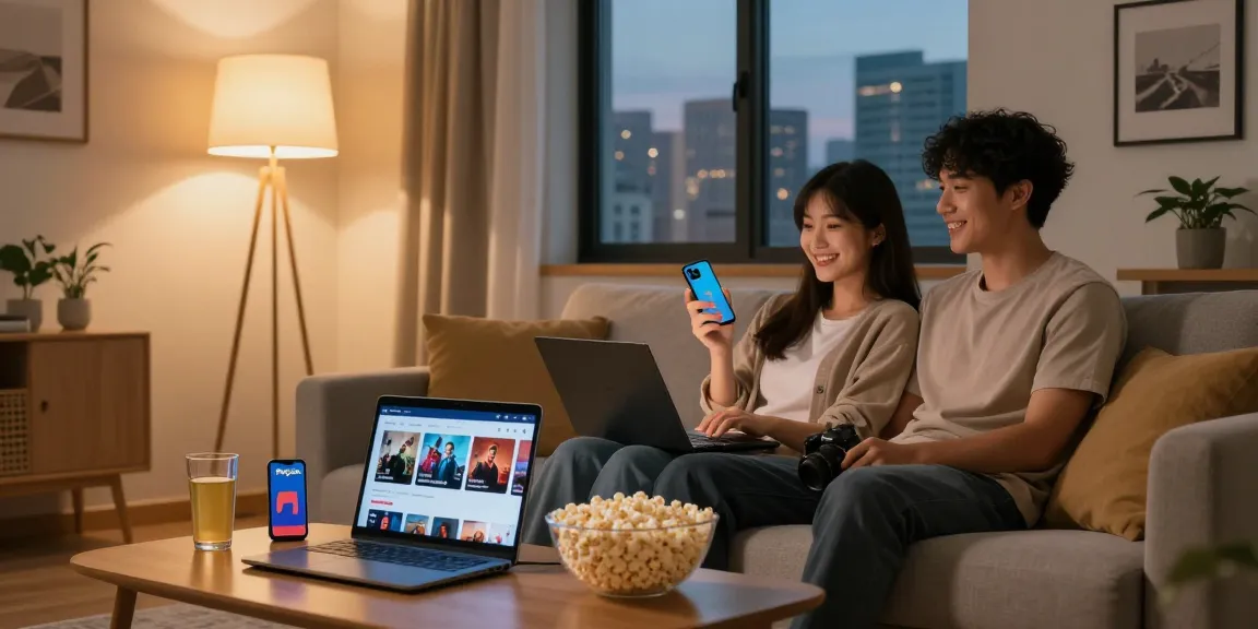 Couple using the Filmyzilla app for an enjoyable movie night in their cozy living room.
