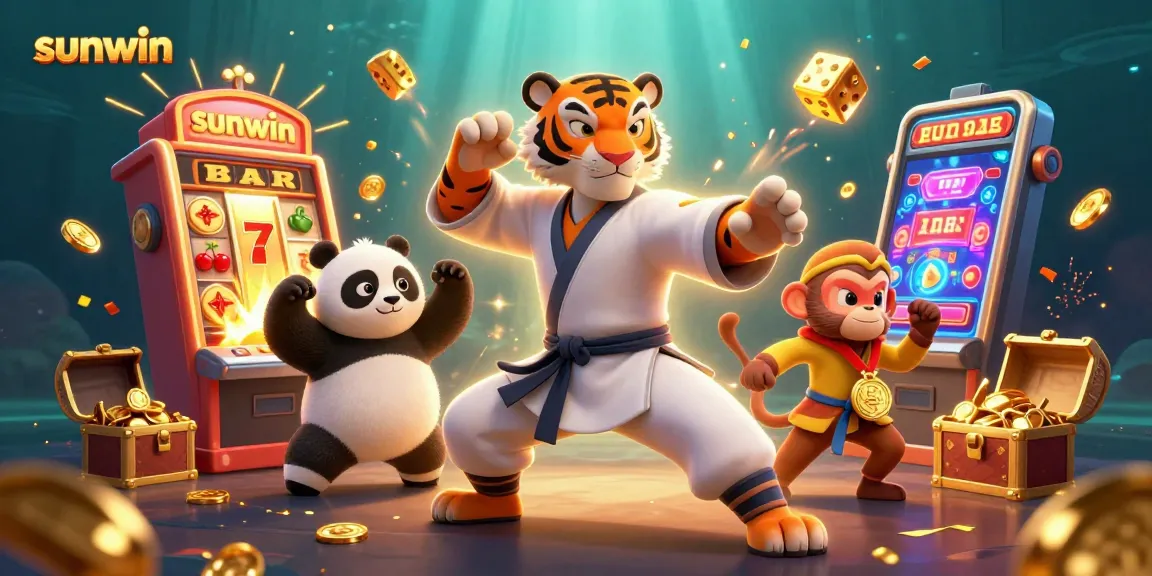 Experience jackpot excitement with sunwin, featuring a kung fu tiger and panda in a vibrant casino scene.