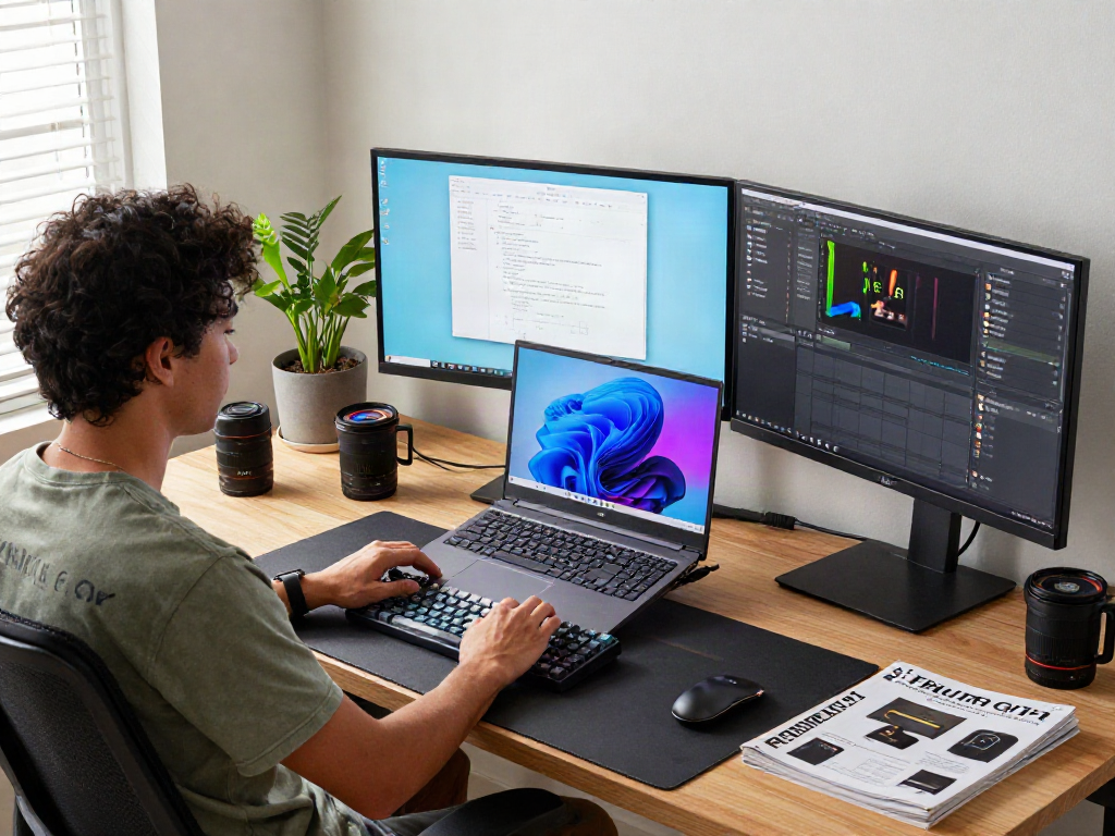 Windows 11 Home in moderner Home-Office Umgebung mit Laptop und Monitoren.
