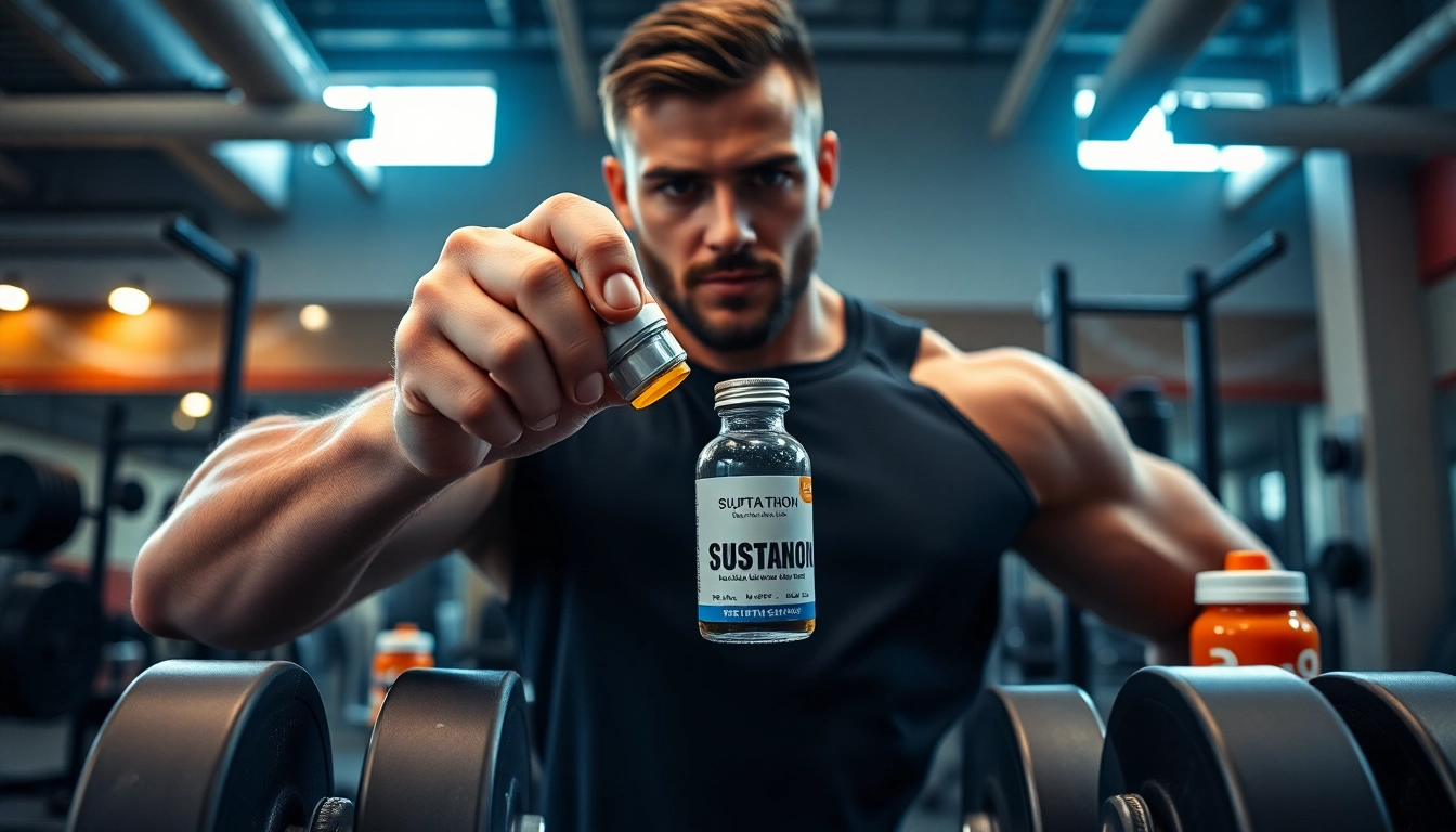 Sustanon 250 kaufen: Fitness athlete showcasing Sustanon 250 in gym environment.